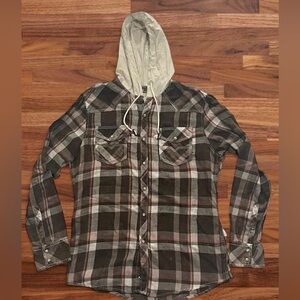 BKE Vintage Plaid Hoodie Shirt - Brown, White, Red